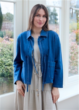 Denim Boxy Tie Front Collar Jacket - Denim Blue - front view