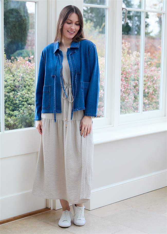 Denim Boxy Tie Front Collar Jacket