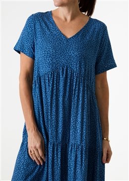 Mini Leopard Print Tiered Dress - Denim Blue - general view