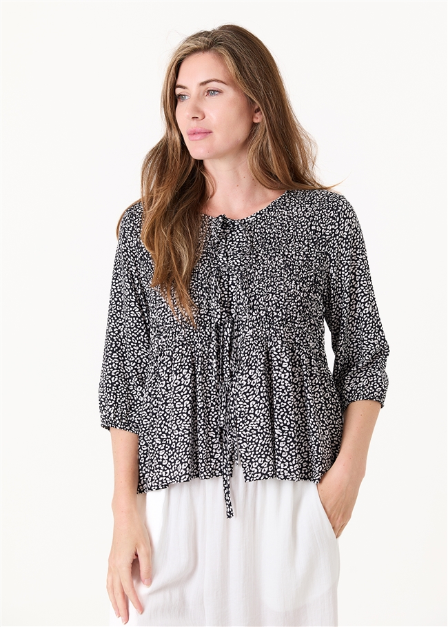 Mini Leopard Print Shirred Body Tie Front Blouse