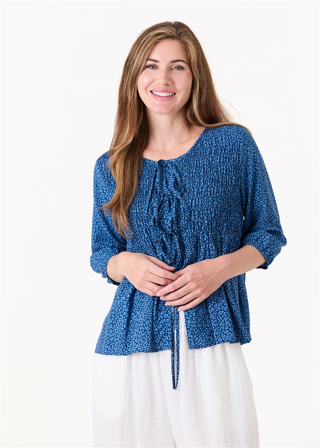 Mini Leopard Print Shirred Body Tie Front Blouse