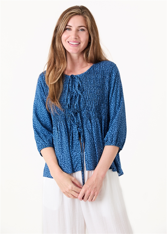 Mini Leopard Print Shirred Body Tie Front Blouse