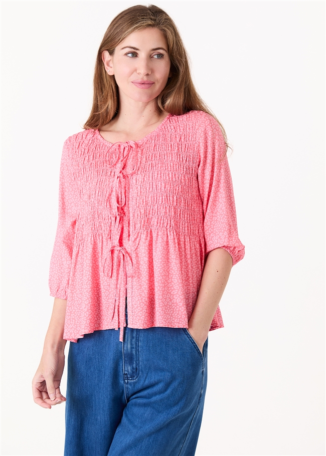 Mini Leopard Print Shirred Body Tie Front Blouse