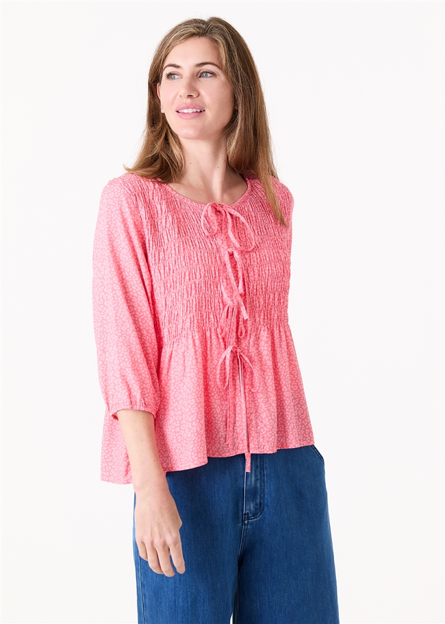 Mini Leopard Print Shirred Body Tie Front Blouse