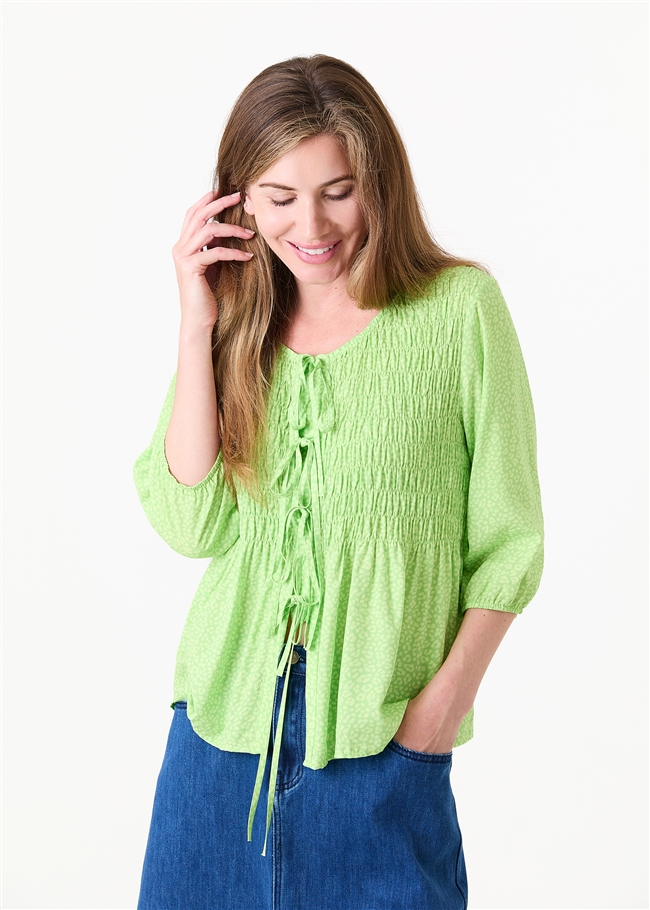 Mini Leopard Print Shirred Body Tie Front Blouse