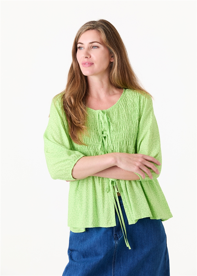 Mini Leopard Print Shirred Body Tie Front Blouse