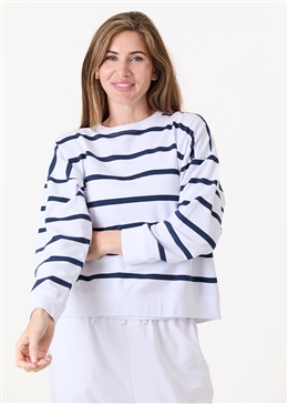 Stripe Crew Neck Sweatshirt - White - side body view