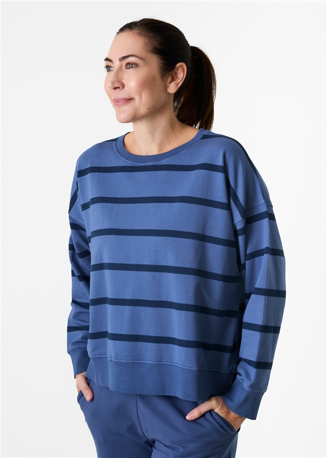 Stripe Crew Neck Sweatshirt - Denim Blue - side body view