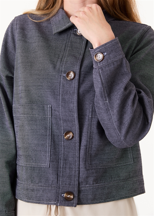 Cotton Blend Boxy Patch Pocket Collar Jacket