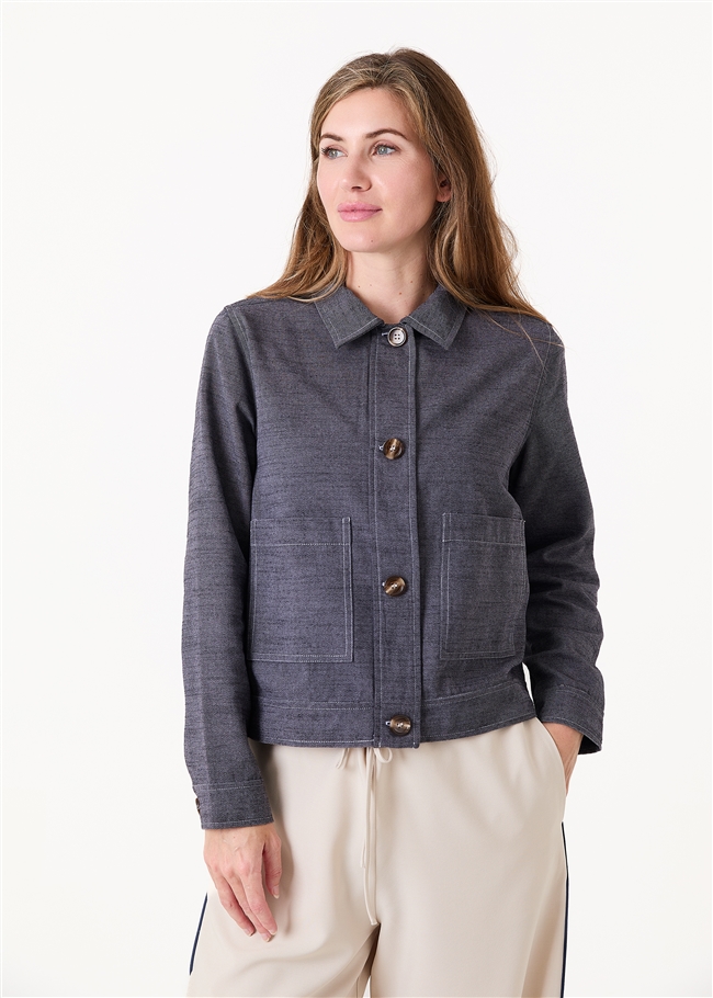 Cotton Blend Boxy Patch Pocket Collar Jacket