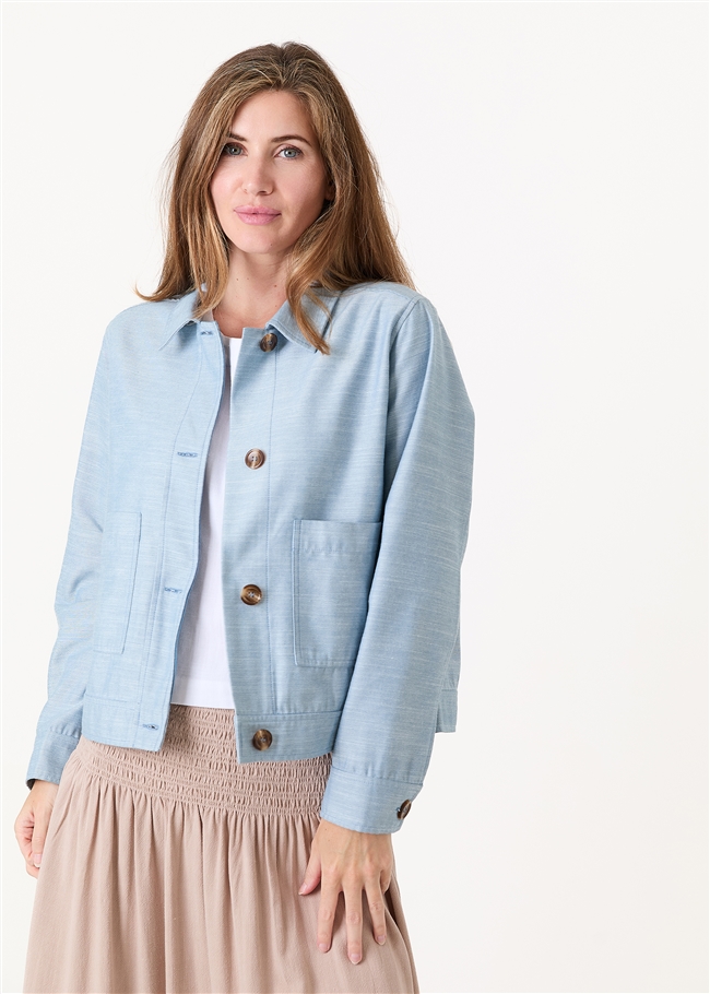 Cotton Blend Boxy Patch Pocket Collar Jacket - Sky Blue - side body view