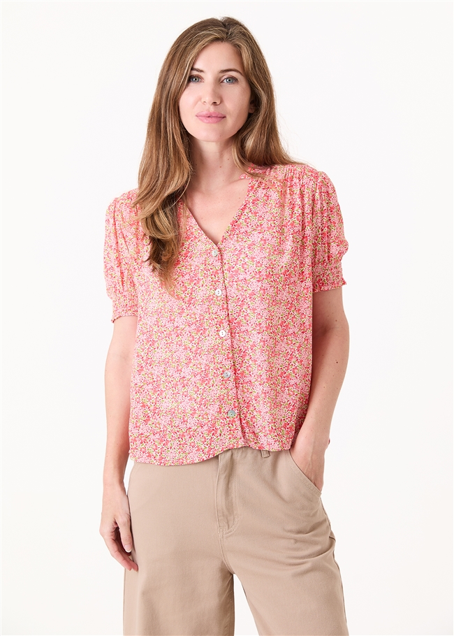 Ditsy Blossom Frill Edge v Neck Blouse