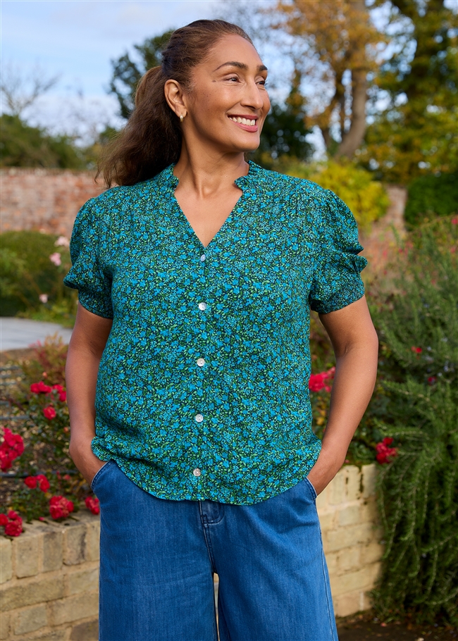 Ditsy Blossom Frill Edge v Neck Blouse