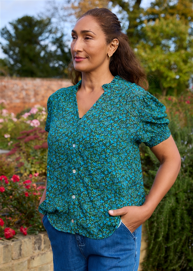 Ditsy Blossom Frill Edge v Neck Blouse