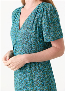 Ditsy Blossom Split Detail v Neck Midi Dress - Navy - general view