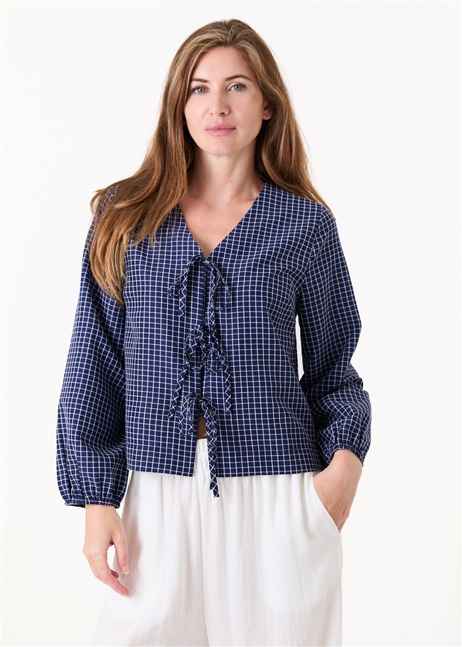 Check Long Sleeve v Neck Tie Front Blouse