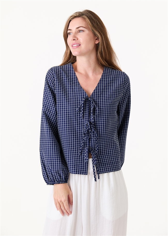Check Long Sleeve v Neck Tie Front Blouse