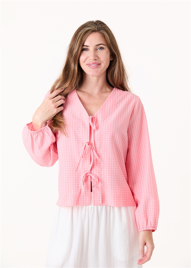 Check Long Sleeve v Neck Tie Front Blouse
