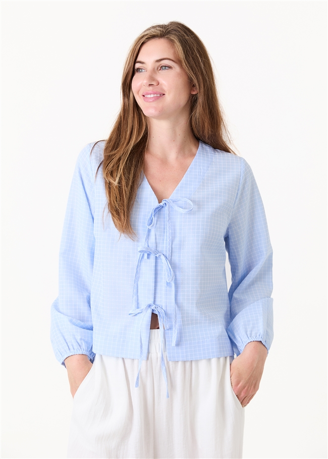 Check Long Sleeve v Neck Tie Front Blouse