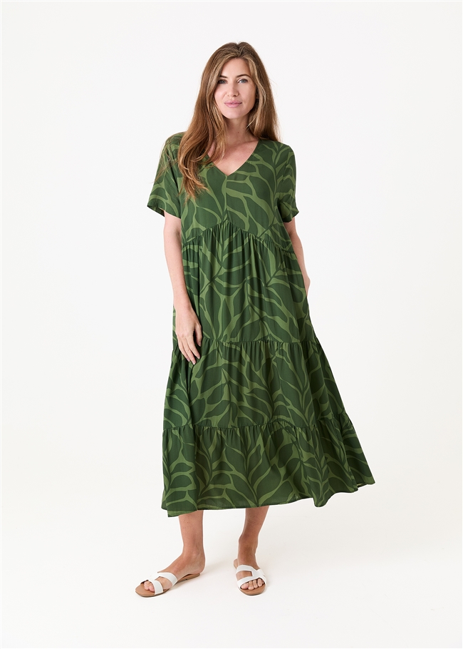 Mega Leaf Short Sleeve Tiered Dress