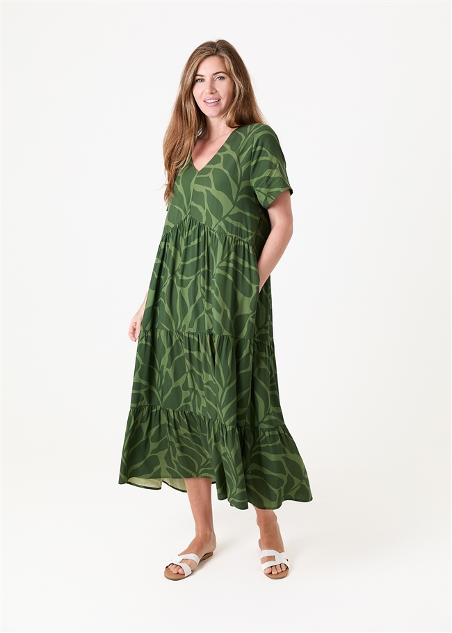 Mega Leaf Short Sleeve Tiered Dress
