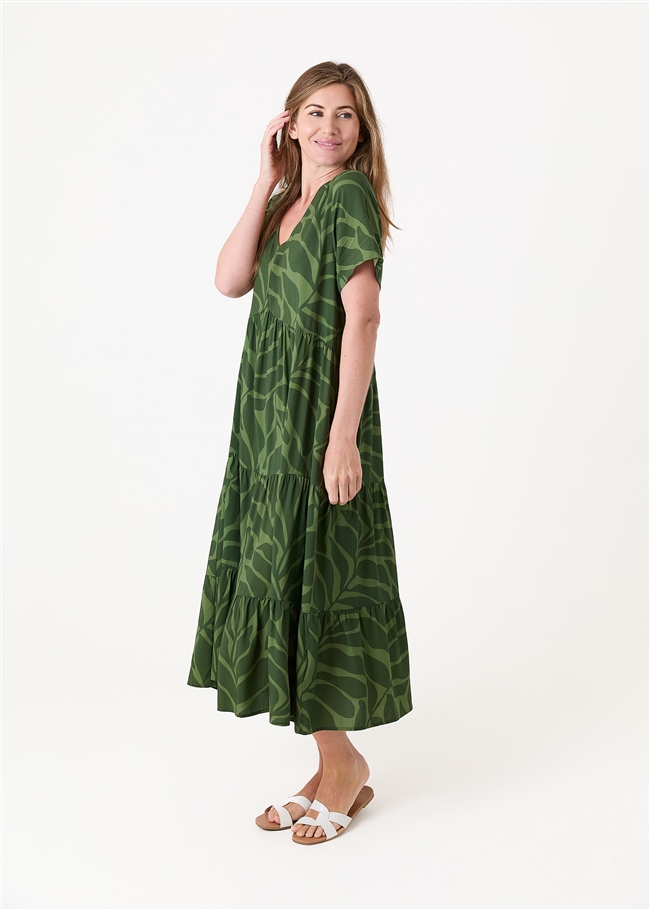 Mega Leaf Short Sleeve Tiered Dress