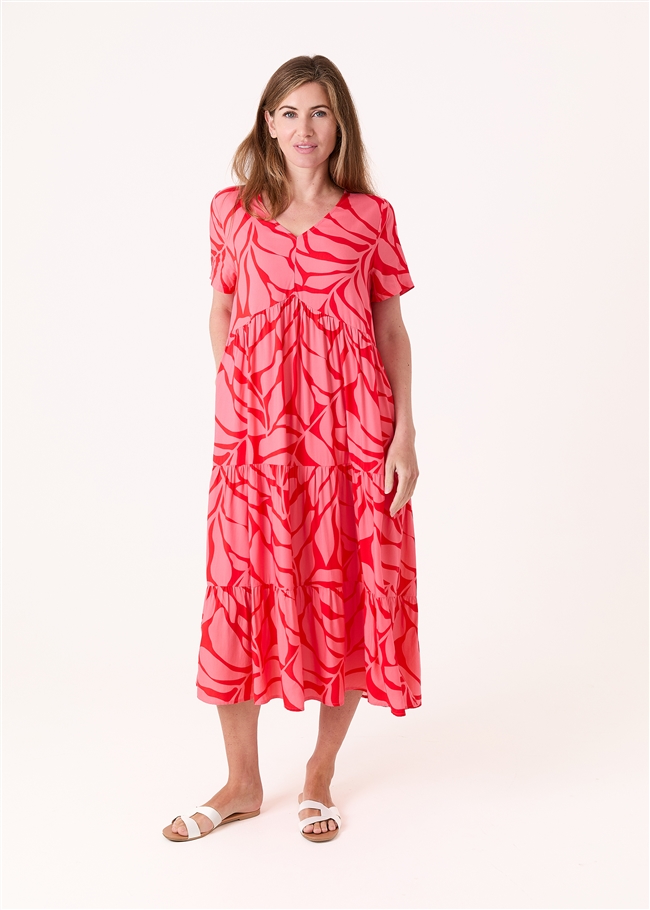 Mega Leaf Short Sleeve Tiered Dress - Poppy Red - front view