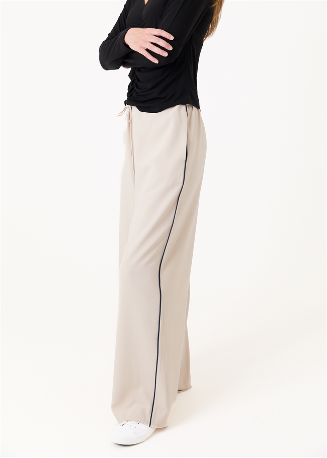Channel Front Wide Leg Piping Trouser - Stone - side body view