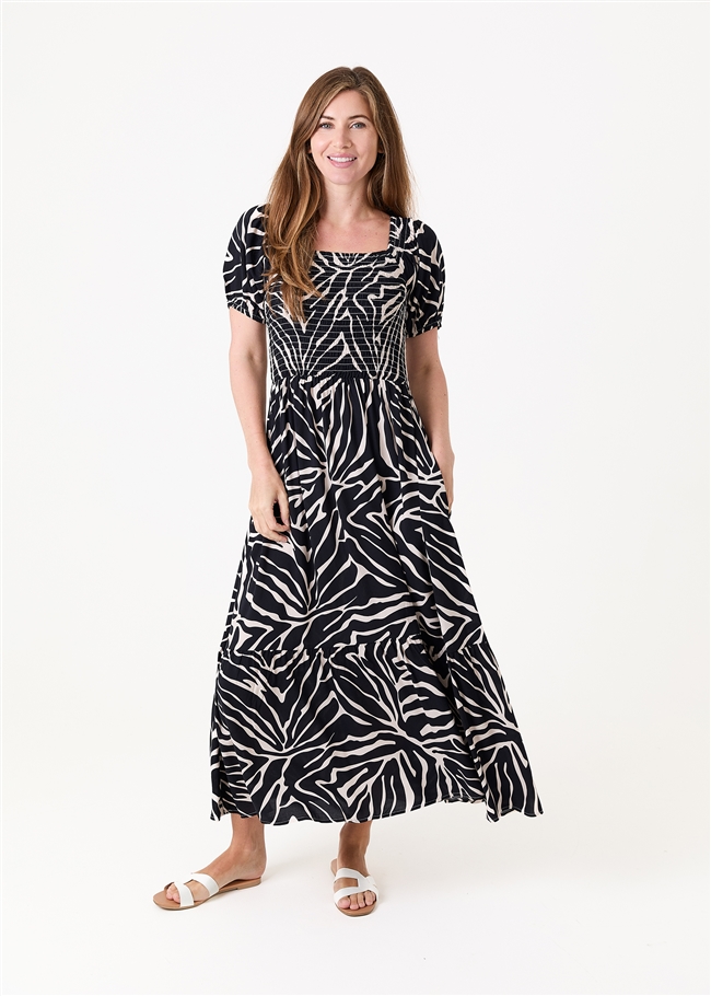 Mono Zebra Shirred Bodice Maxi Dress - Black - front view