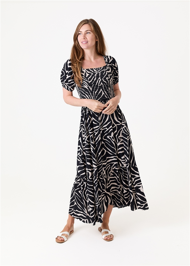Mono Zebra Shirred Bodice Maxi Dress