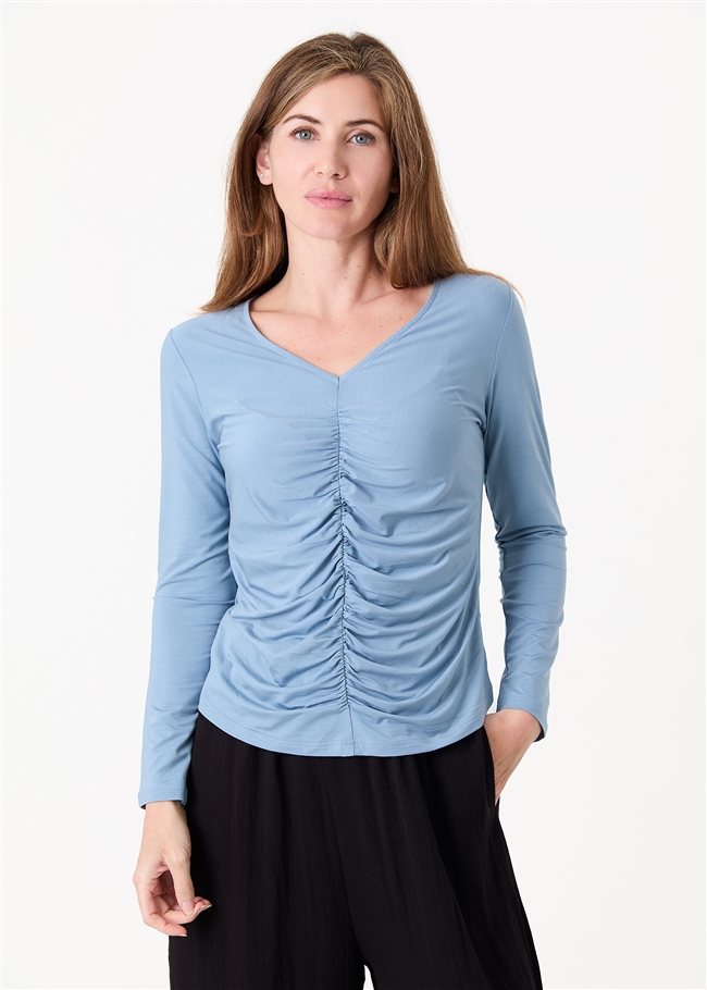 Soft Jersey Ruched Front Long Sleeve Top - Denim Blue - front view