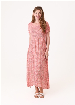 Ditsy Blossom Short Sleeve Shirring Dress - Coral - side body view