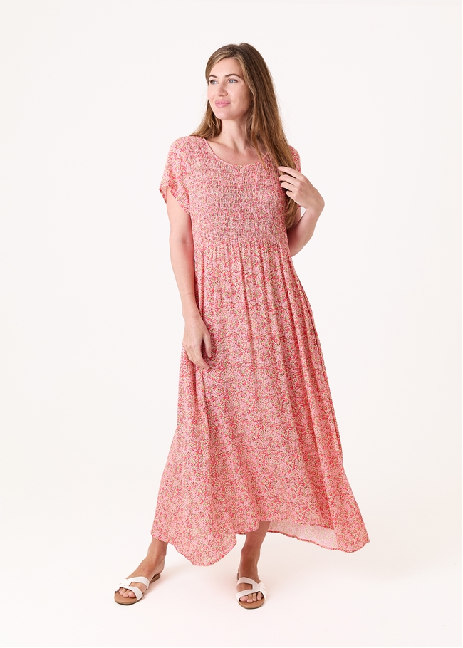 Ditsy Blossom Short Sleeve Shirring Dress