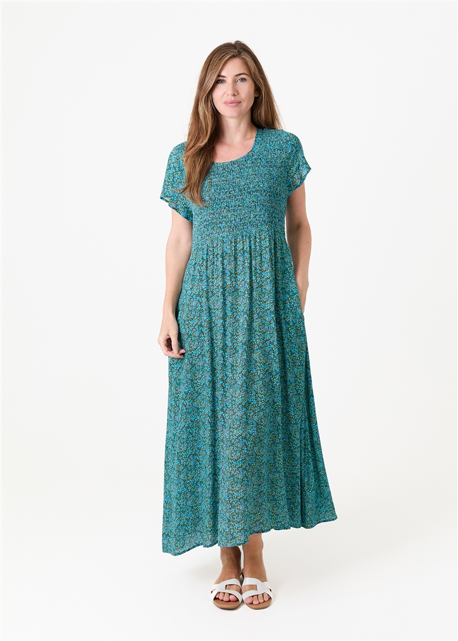 Ditsy Blossom Short Sleeve Shirring Dress