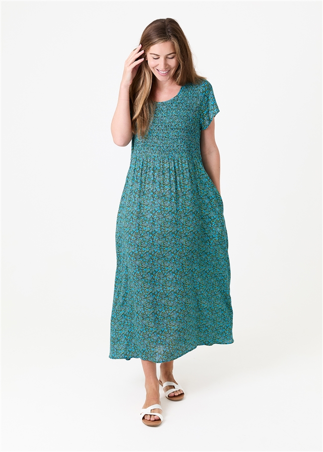 Ditsy Blossom Short Sleeve Shirring Dress