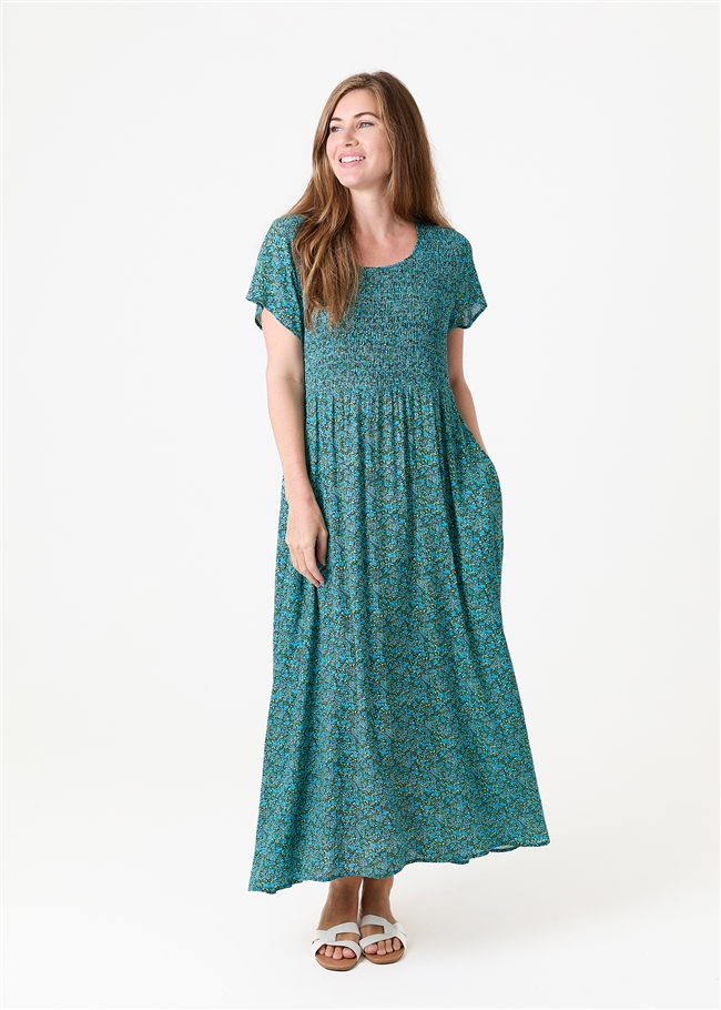 Ditsy Blossom Short Sleeve Shirring Dress