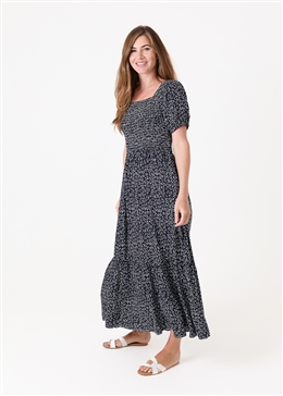 Mono Ditsy Shirred Bodice Maxi Dress - Navy - side body view