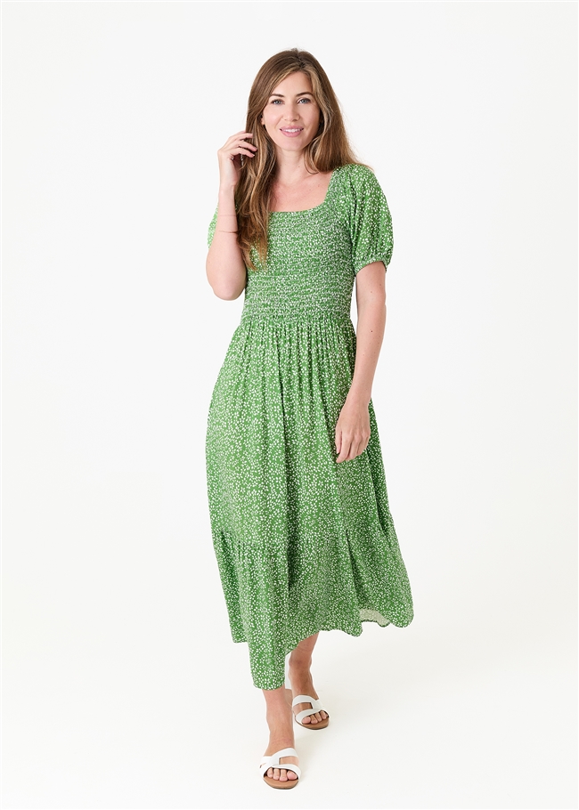 Mono Ditsy Shirred Bodice Maxi Dress - Basil Green - front view