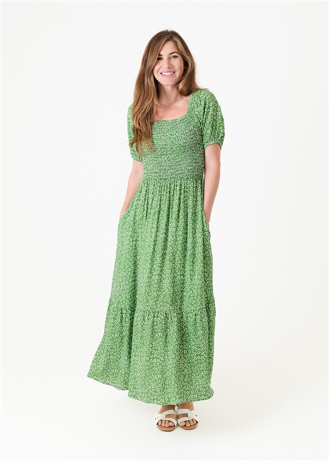 Mono Ditsy Shirred Bodice Maxi Dress