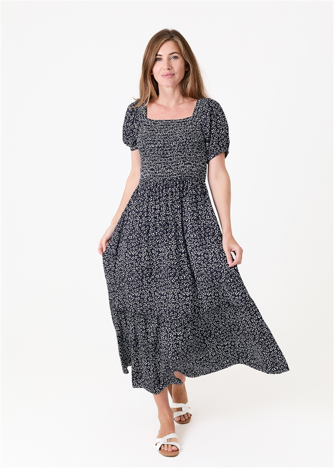 Mono Ditsy Shirred Bodice Maxi Dress