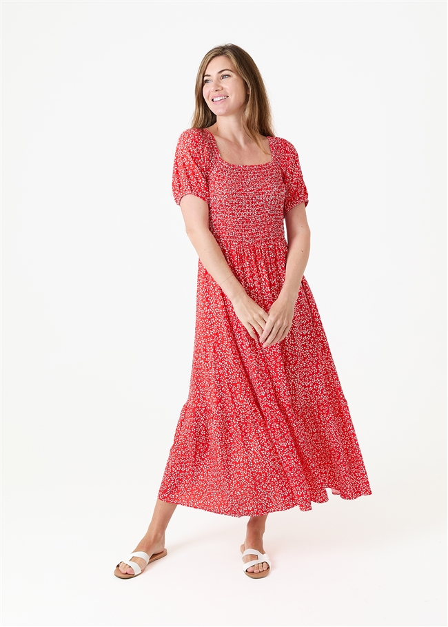 Mono Ditsy Shirred Bodice Maxi Dress