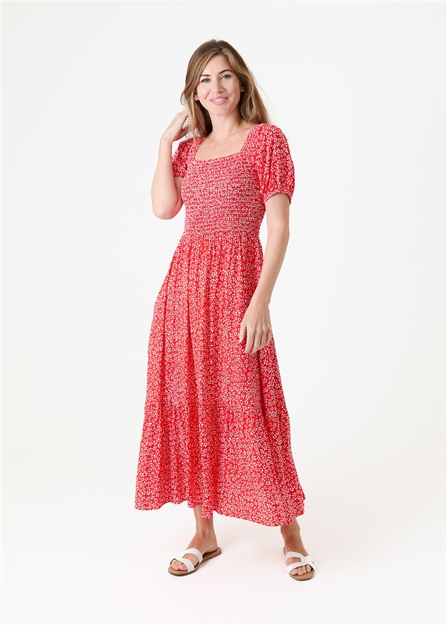 Mono Ditsy Shirred Bodice Maxi Dress