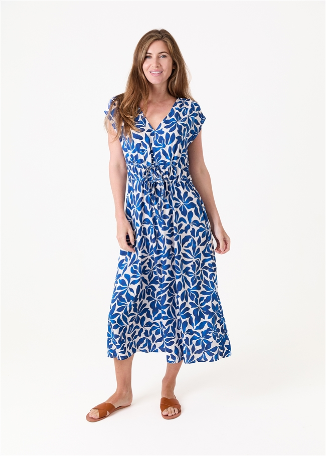 Mottled Mono Floral v Neck Drawstring Waist Dress