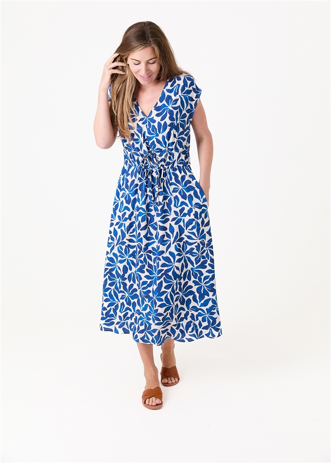 Mottled Mono Floral v Neck Drawstring Waist Dress