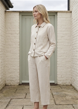Linen Pinstripe Cropped Barrel Leg Trouser - Natural - side body view