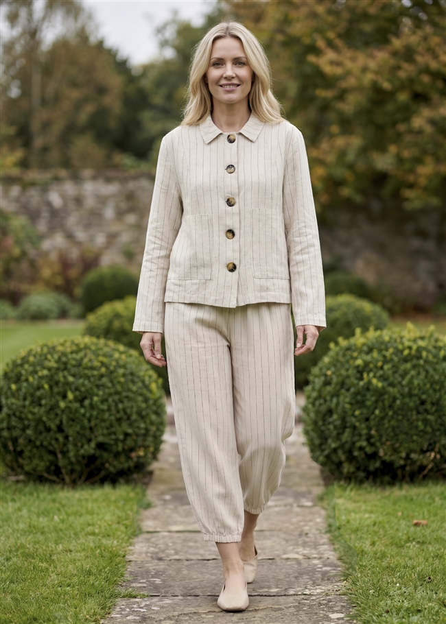 Linen Pinstripe Cropped Barrel Leg Trouser