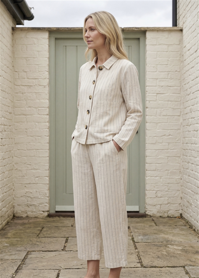 Linen Pinstripe Cropped Barrel Leg Trouser - Natural - side body view