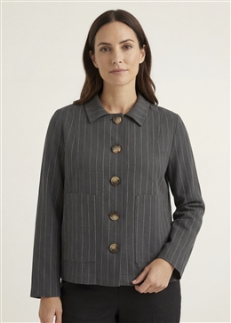Linen Pinstripe Boxy Collar Jacket - Khaki - front view