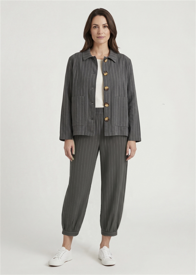 Linen Pinstripe Boxy Collar Jacket