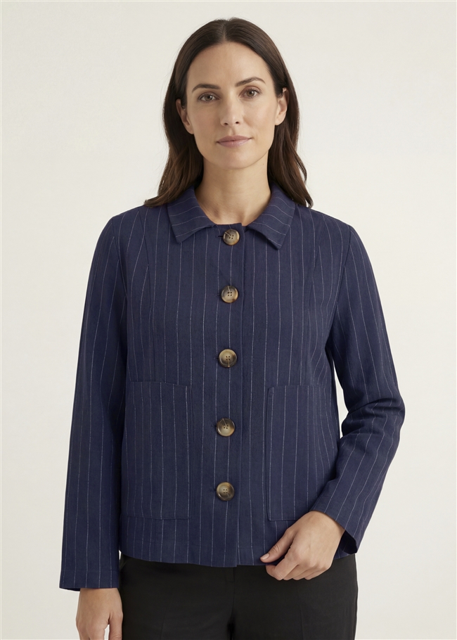 Linen Pinstripe Boxy Collar Jacket